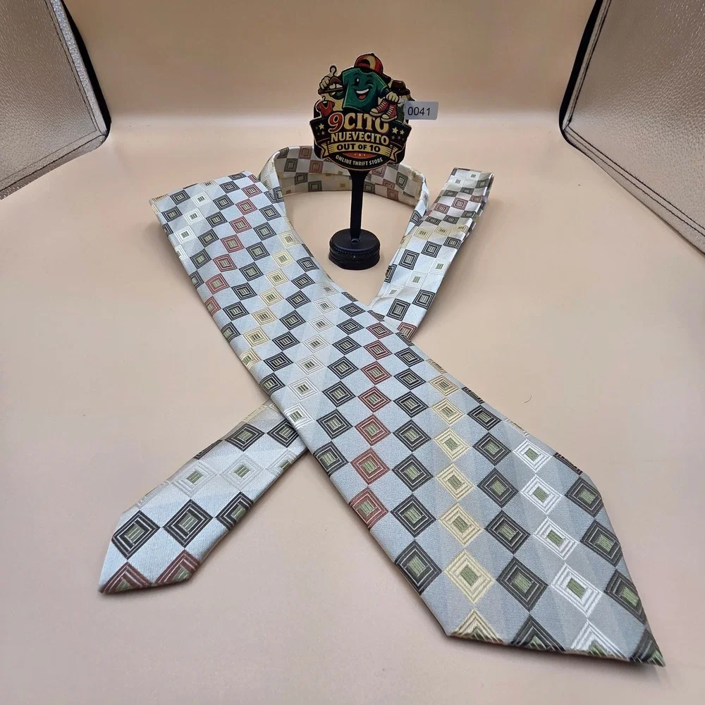 Peacock Silk Tie Geometric Square Pattern Sage Green Silver Handmade Necktie